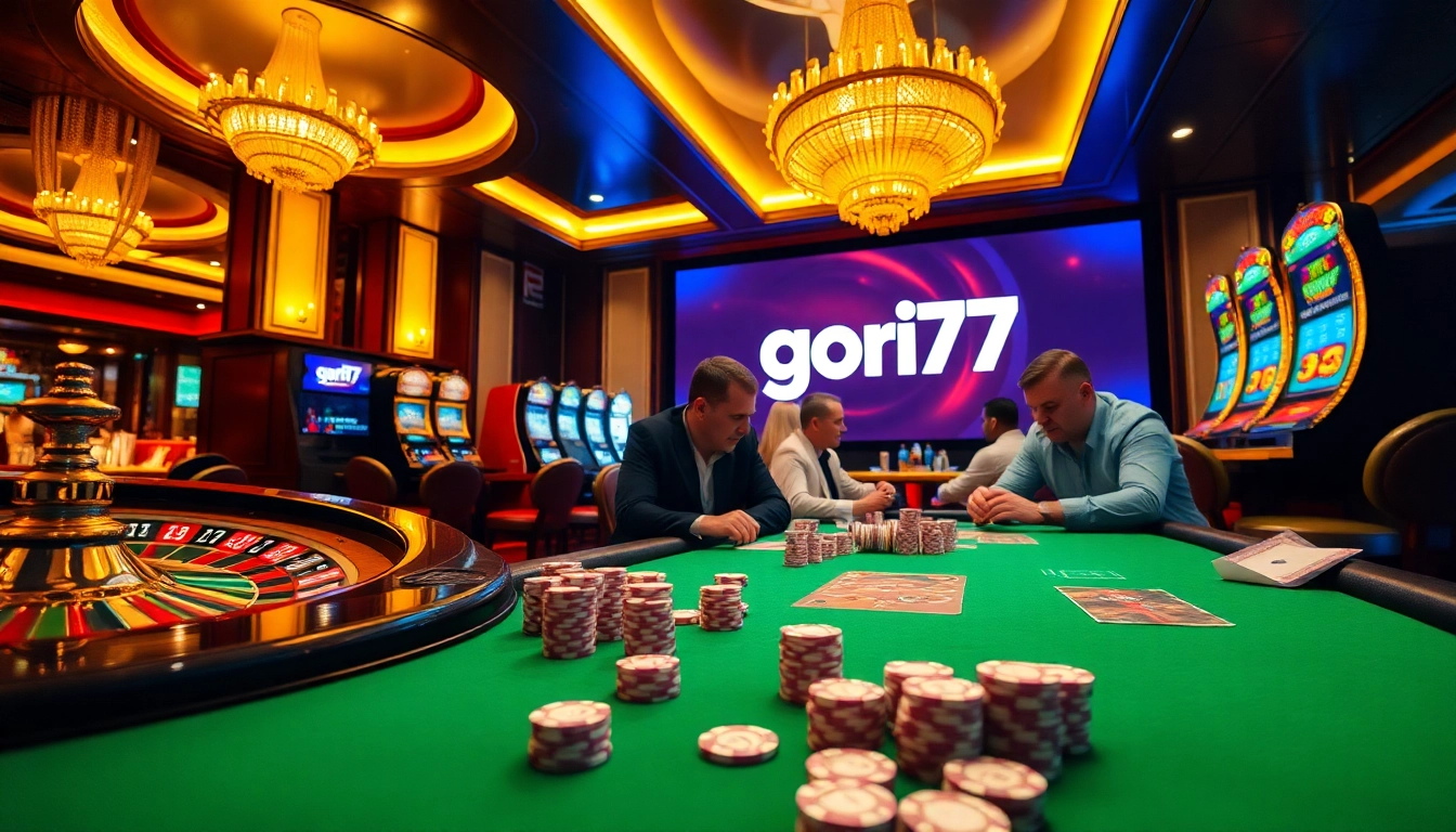 Gori77 gaming scene with roulette wheel and poker chips, showcasing excitement in luxury.