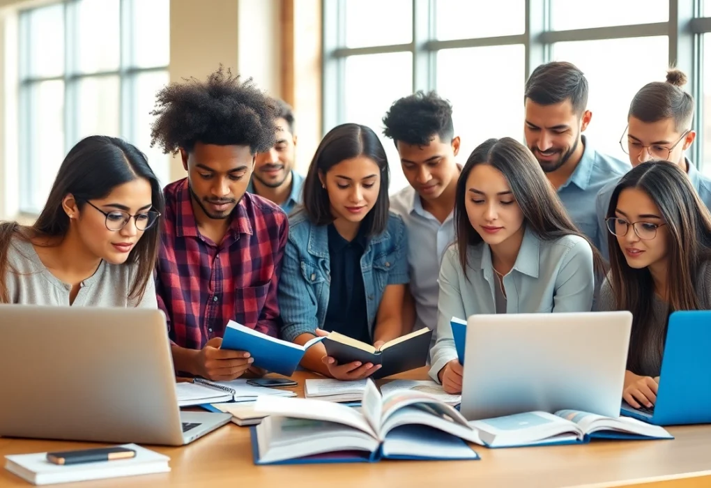 Engaged students collaborating on exam assistance services in a modern classroom setting.