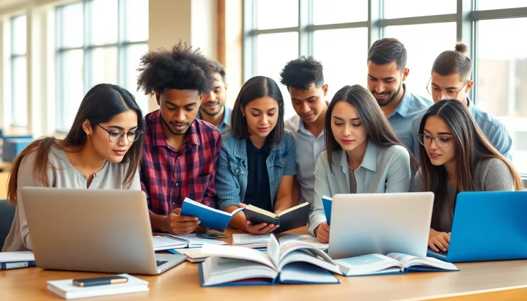 Engaged students collaborating on exam assistance services in a modern classroom setting.