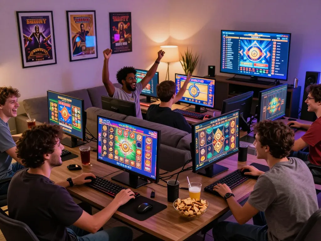 Pemain terlibat dengan slot online laoban188 di ruang tamu yang hidup selama malam permainan, menunjukkan kegembiraan dan semangat komunitas.