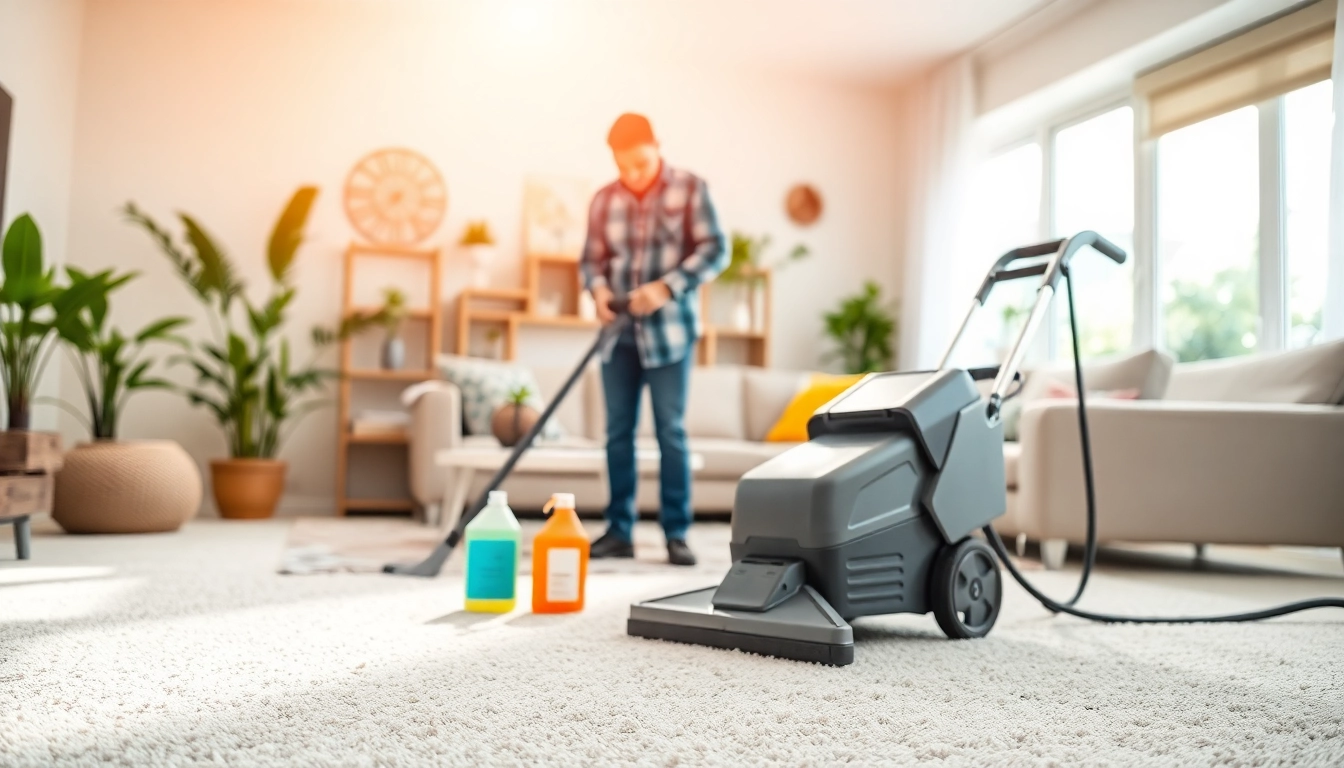 Local carpet cleaners refreshing a bright carpet in a modern home setting.