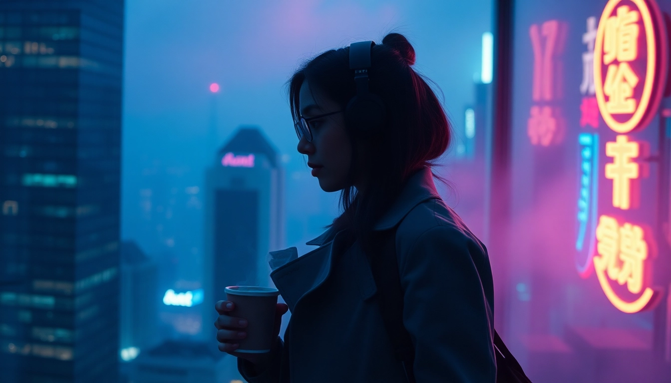 Captivating nighttime cityscape showing a woman enjoying a coffee, perfect for image to prompt ai.